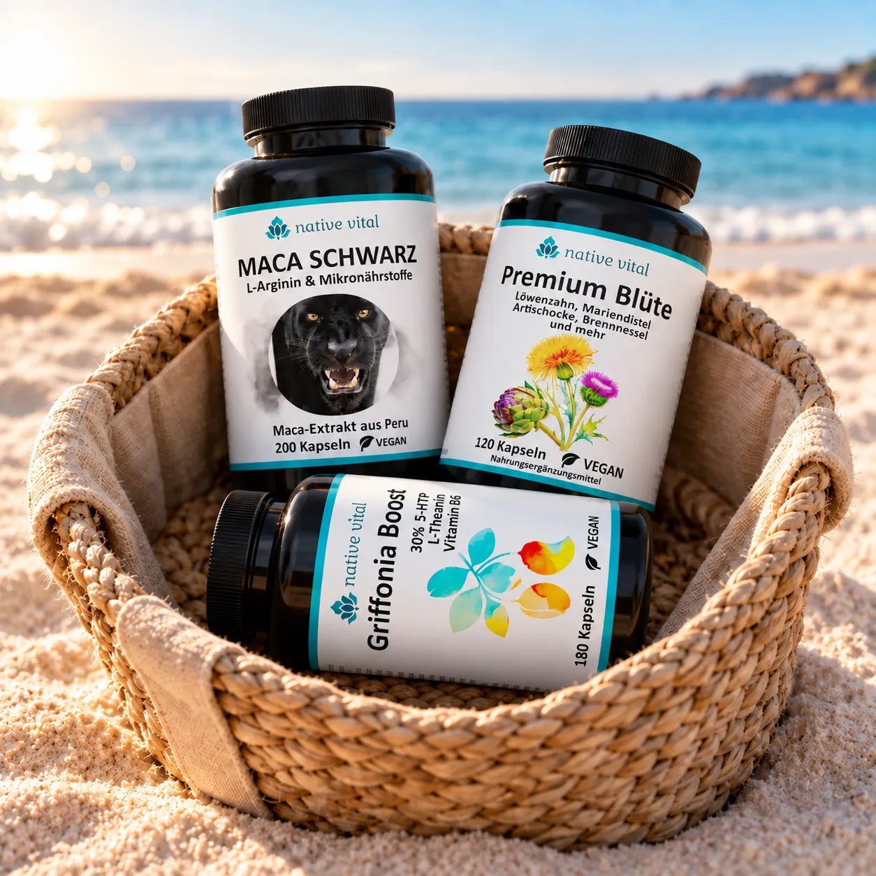 Schwarzes Maca Komplex, Griffonia Boost und Premium Blüte zusammen in einem Korb