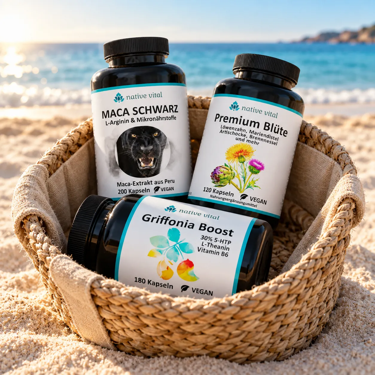 Schwarzes Maca Komplex, Griffonia Boost und Premium Blüte zusammen in einem Korb